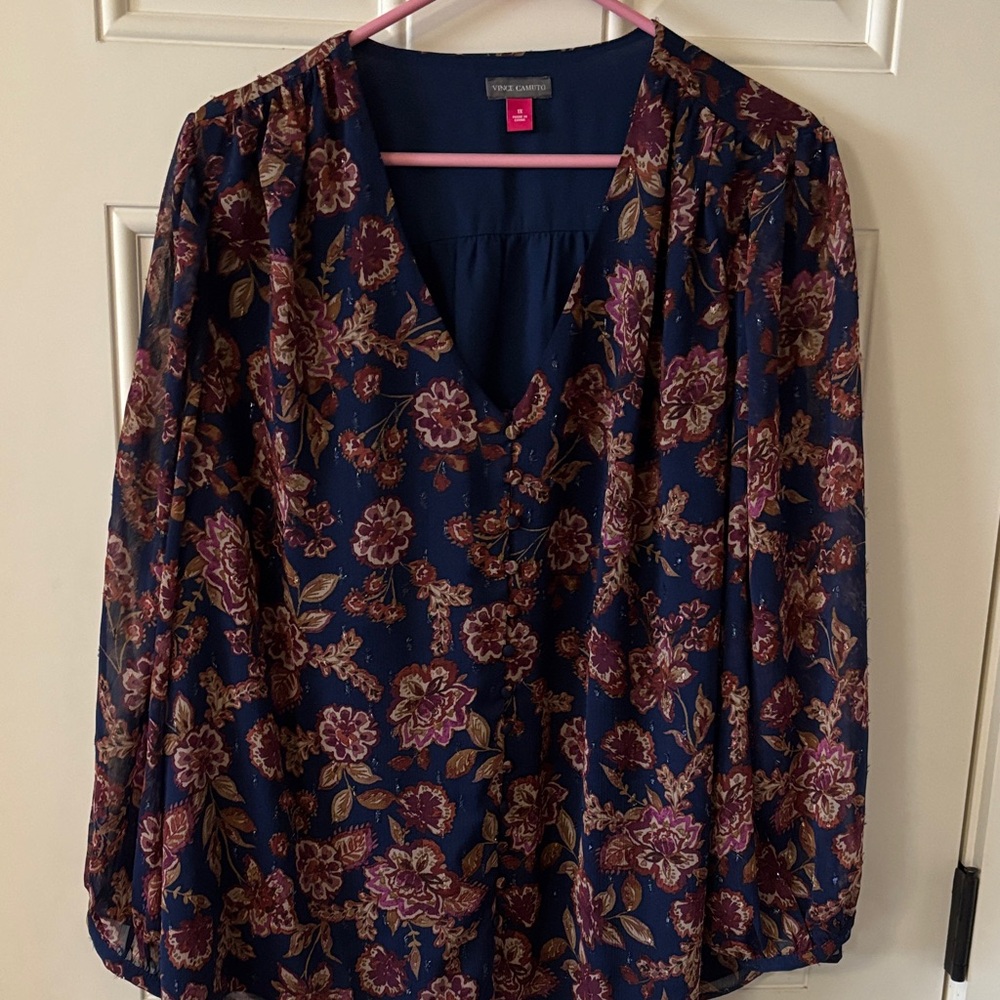Vince Camuto Floral V-Neck Blouse - Navy and Burgundy